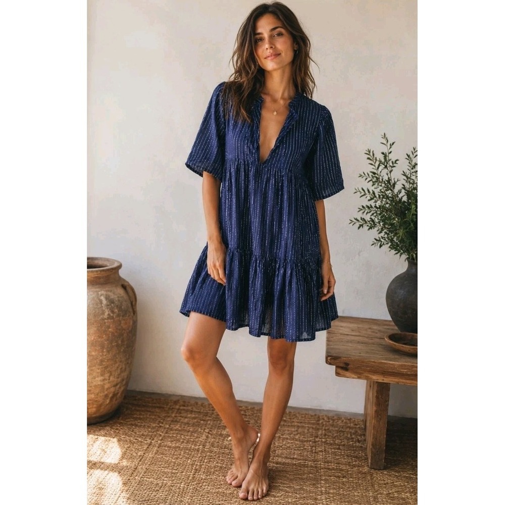 Emerson Fry‎ India Collection Dress Navy Metallic Stripe Tiered Boho Mini Size S